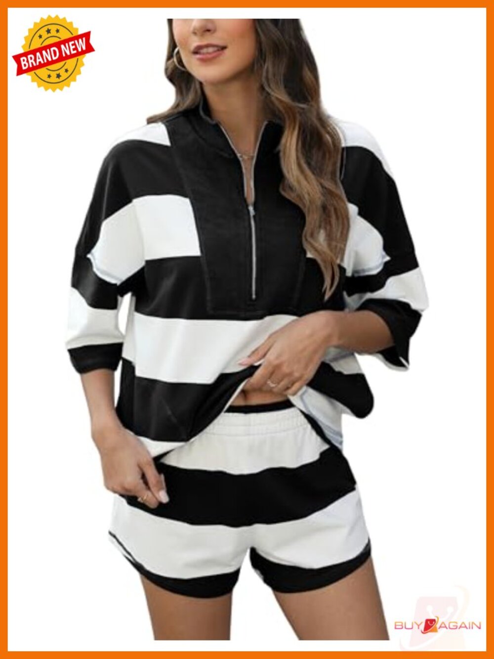 Women's Striped Half Zip Short Set 2-Piece Loungewear Set